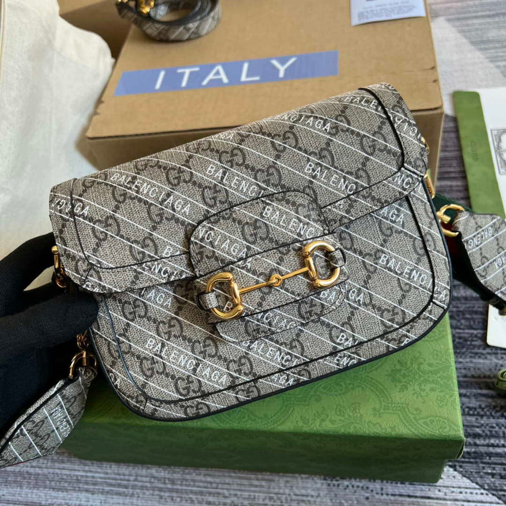 Gucci 658574 Gucci Horsebit 1955 Mini Bag Gray with Pvc Printer Logo