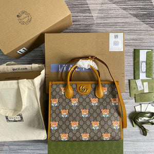 Gucci 660531 GG KAI Cooperation Teddy Bear Tote Bag Tan - luxibagsmall