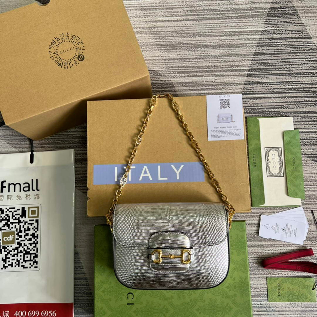 Gucci 675801 Horsebit 1955 lizard mini bag silver leather