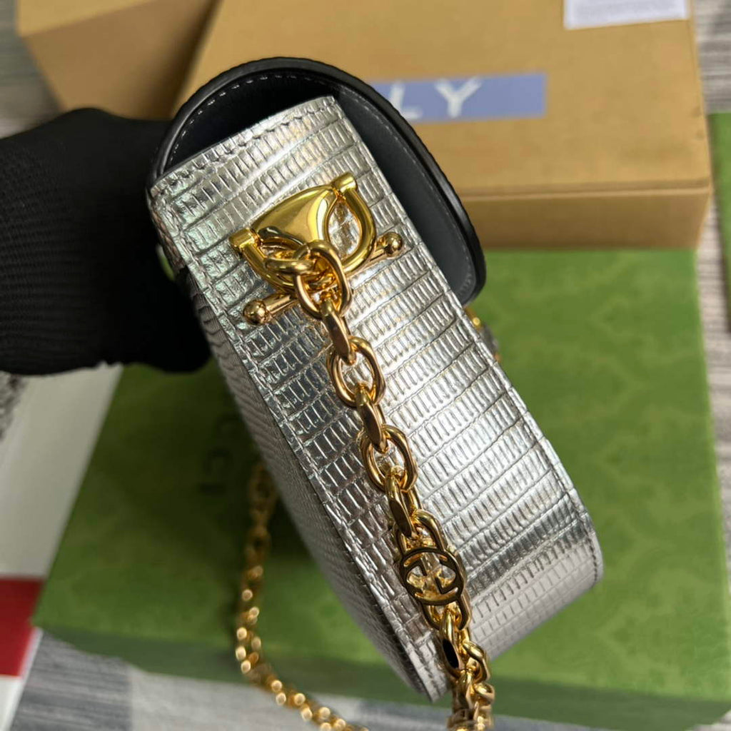Gucci 675801 Horsebit 1955 lizard mini bag silver leather