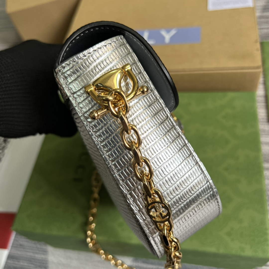 Gucci 675801 Horsebit 1955 lizard mini bag silver leather