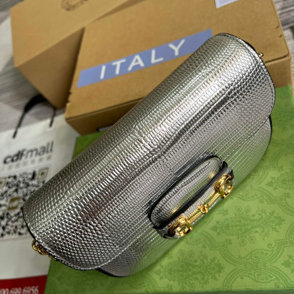 Gucci 675801 Horsebit 1955 lizard mini bag silver leather