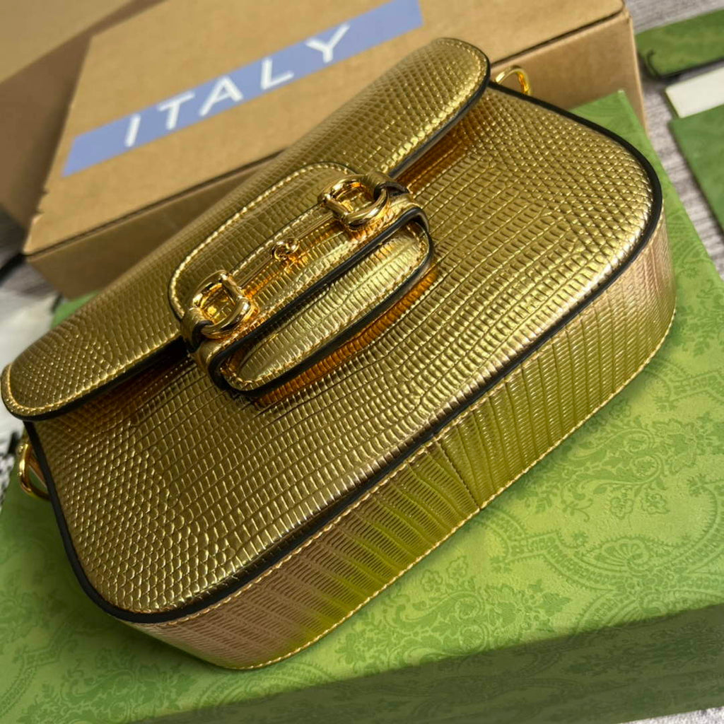 Gucci Horsebit 1955 lizard mini bag 675801 gold leather