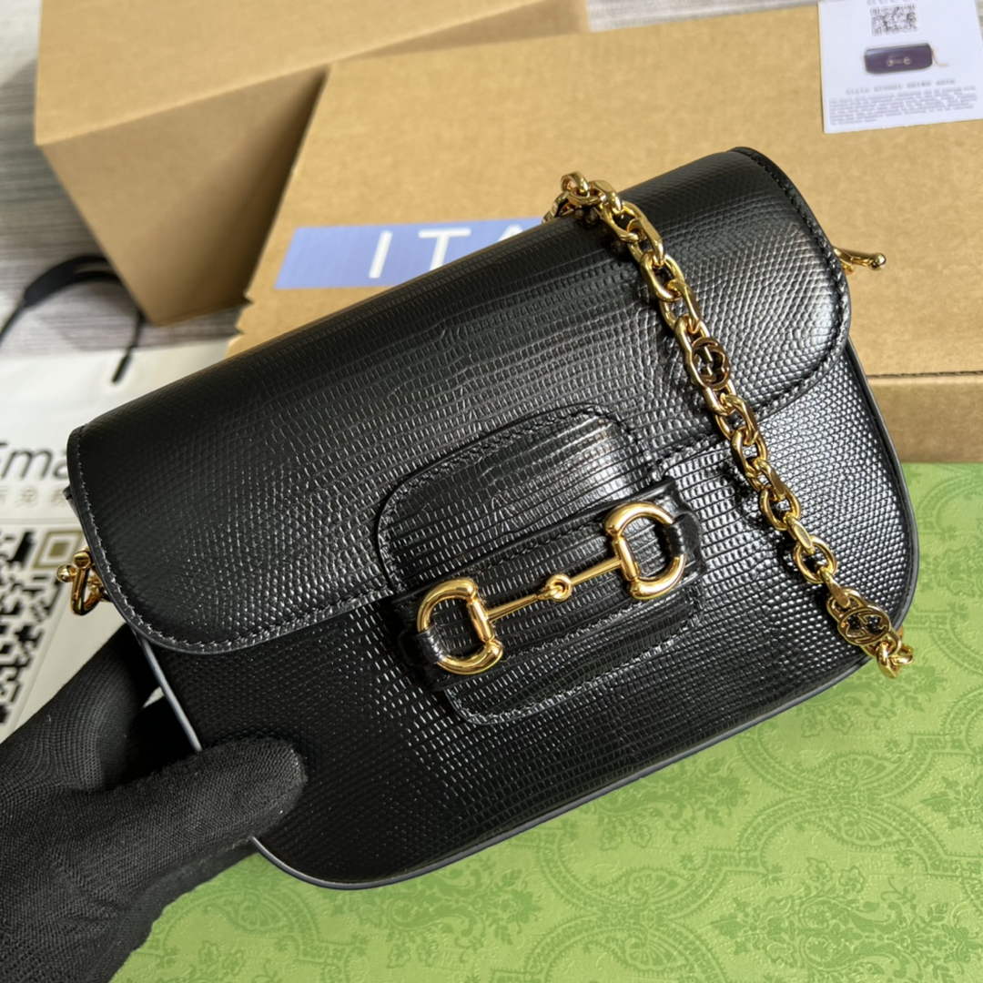 Gucci Horsebit 1955 lizard mini bag 675801 black leather - Default Title - View 1
