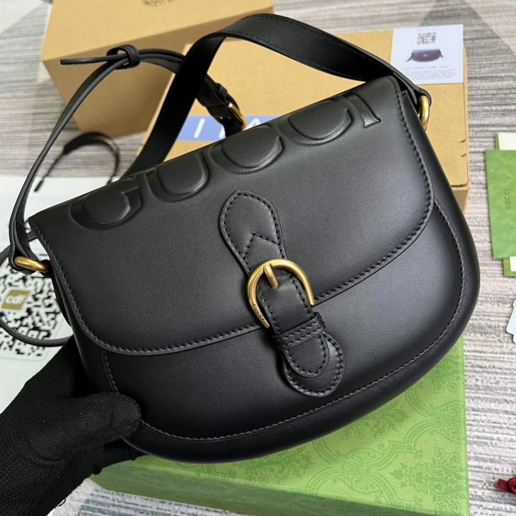 Gucci 675923 embossed leather shoulder UD0FT Bag Black