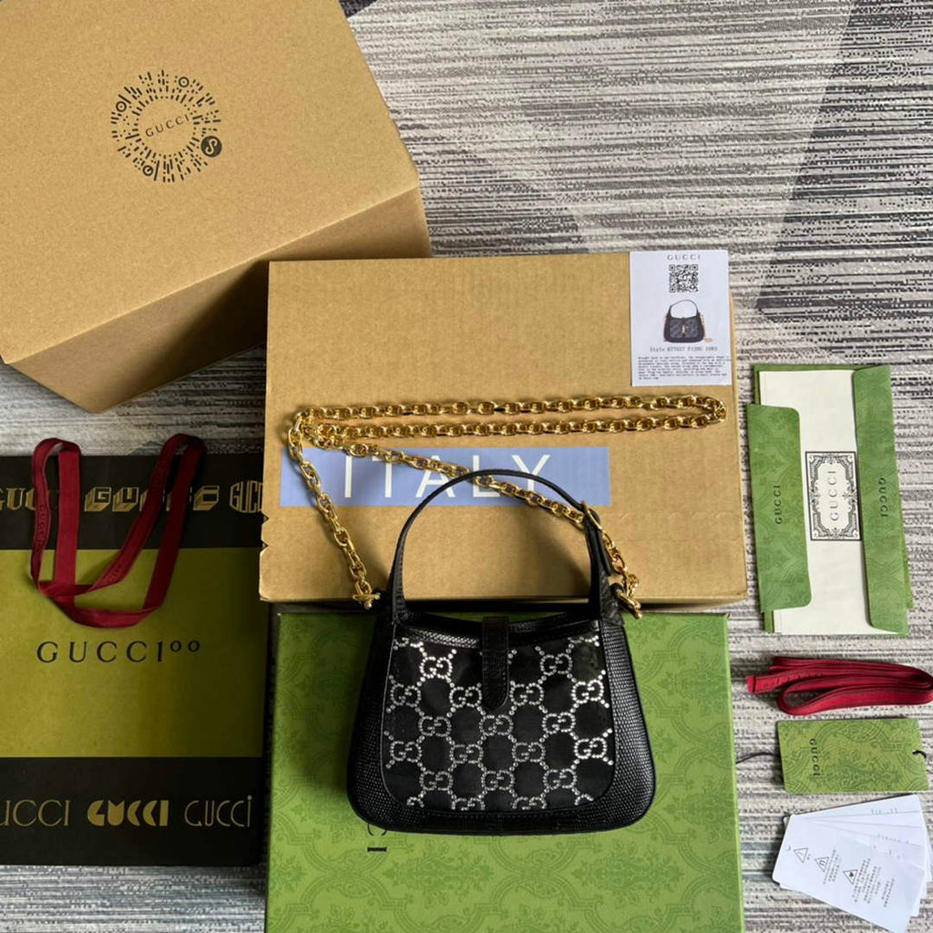 Gucci 677027 Jackie 1961 Mini Crystal GG lizard bag Black