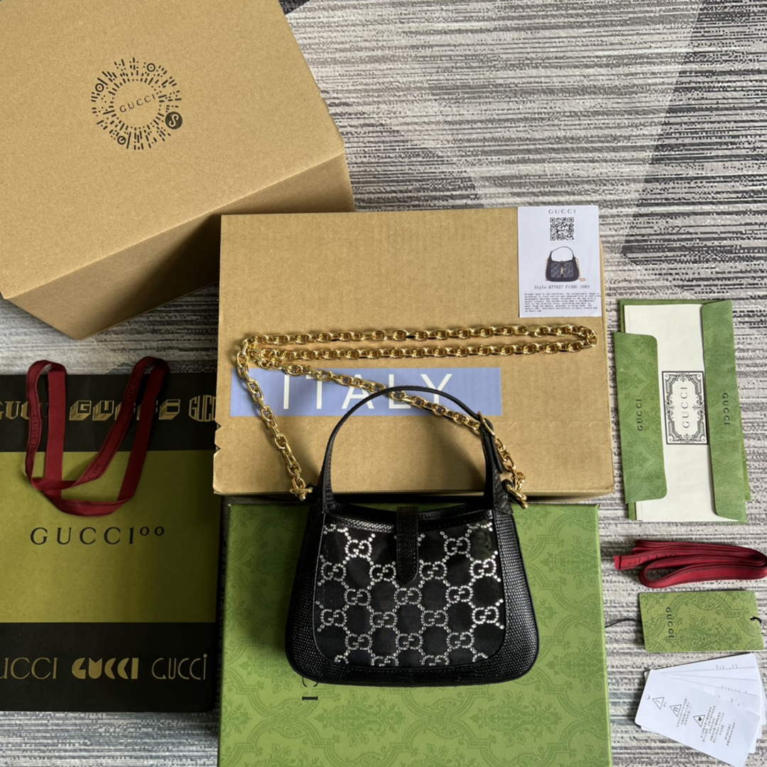 Gucci 677027 Jackie 1961 Mini Crystal GG lizard bag Black - Default Title - View 3