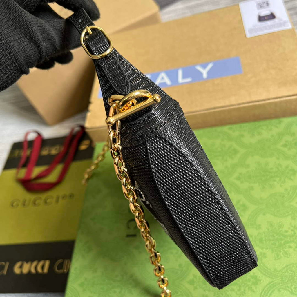 Gucci 677027 Jackie 1961 Mini Crystal GG lizard bag Black