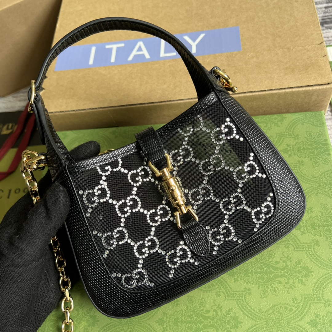 Gucci 677027 Jackie 1961 Mini Crystal GG lizard bag Black - Default Title - View 1