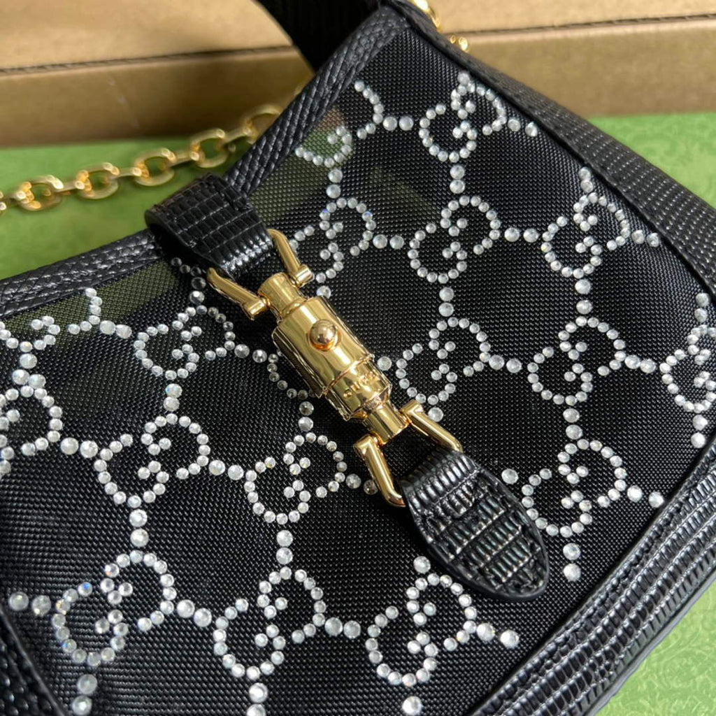 Gucci 677027 Jackie 1961 Mini Crystal GG lizard bag Black
