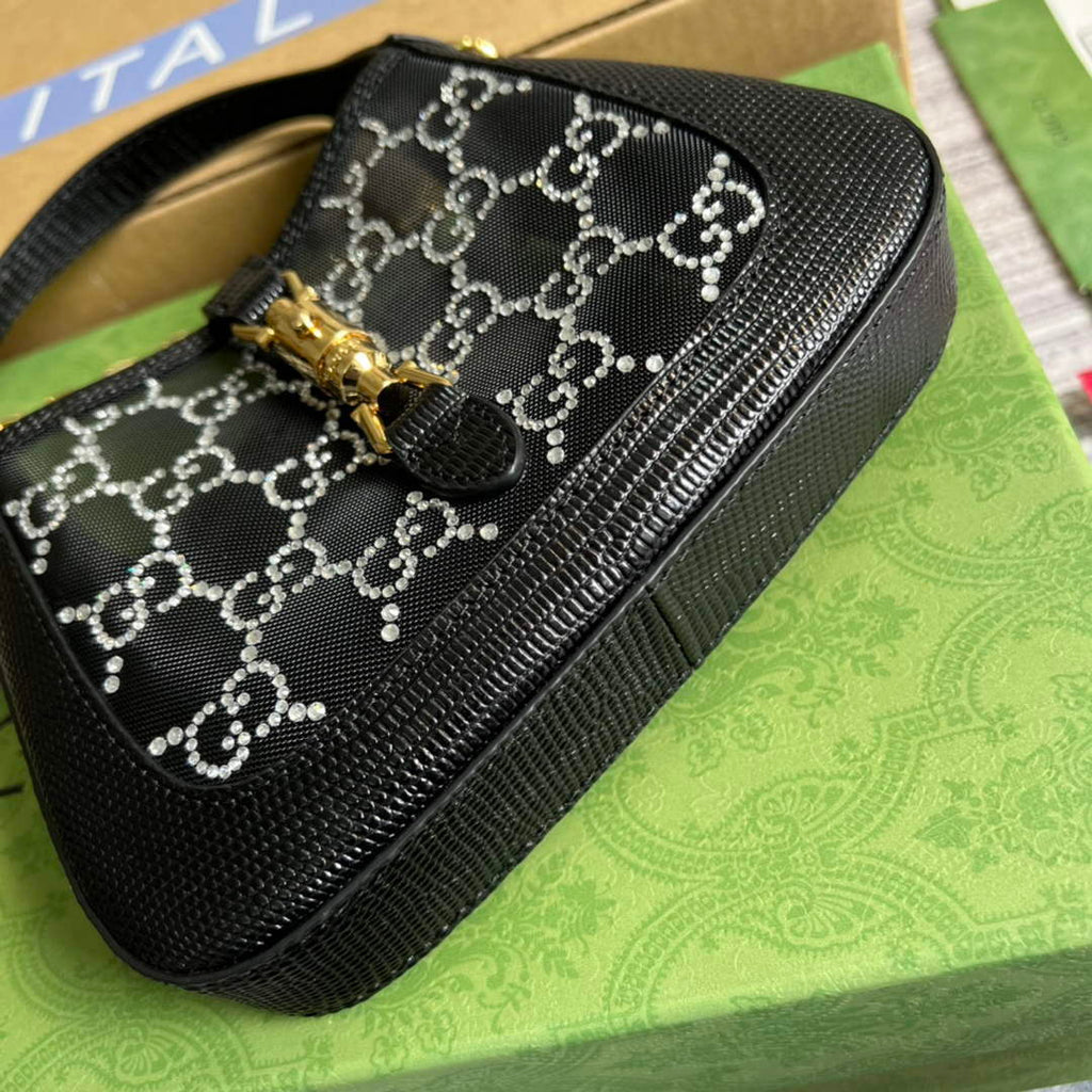 Gucci 677027 Jackie 1961 Mini Crystal GG lizard bag Black
