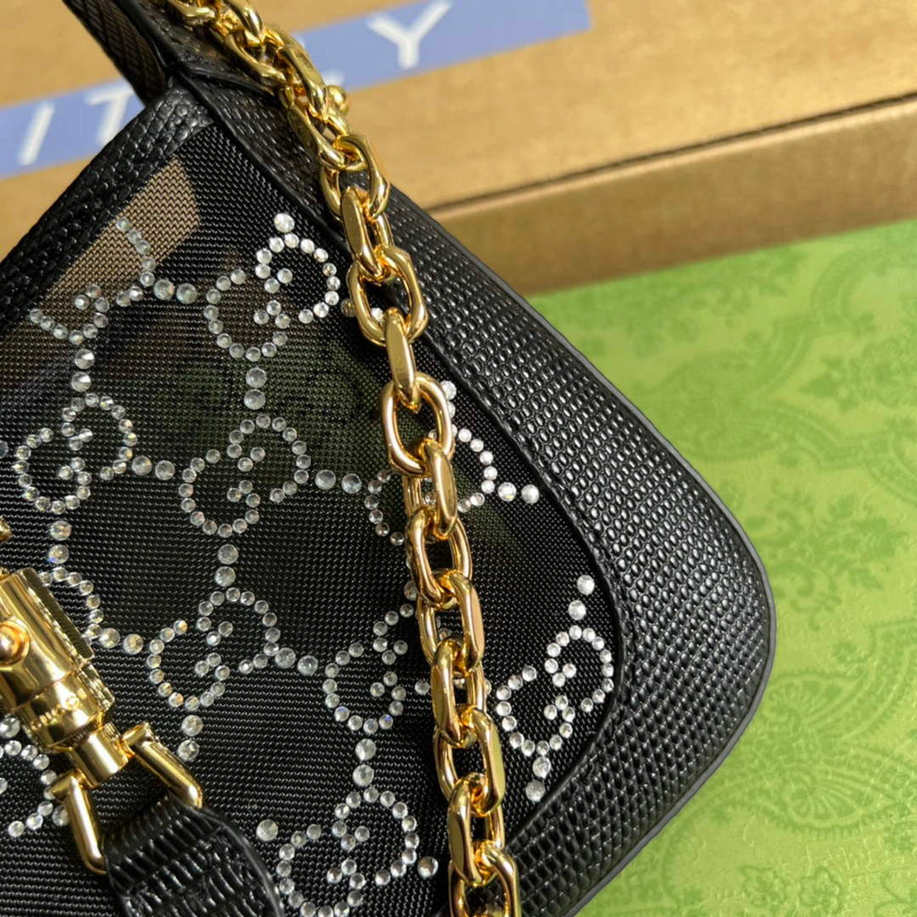 Gucci 677027 Jackie 1961 Mini Crystal GG lizard bag Black