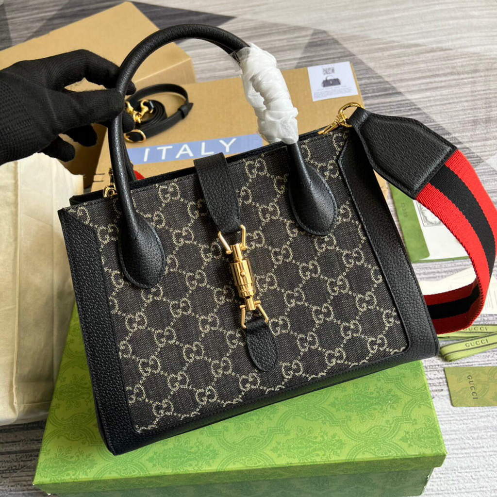 Gucci 685129 GG Jackie1961 Handbag Denim Tote Bag Black