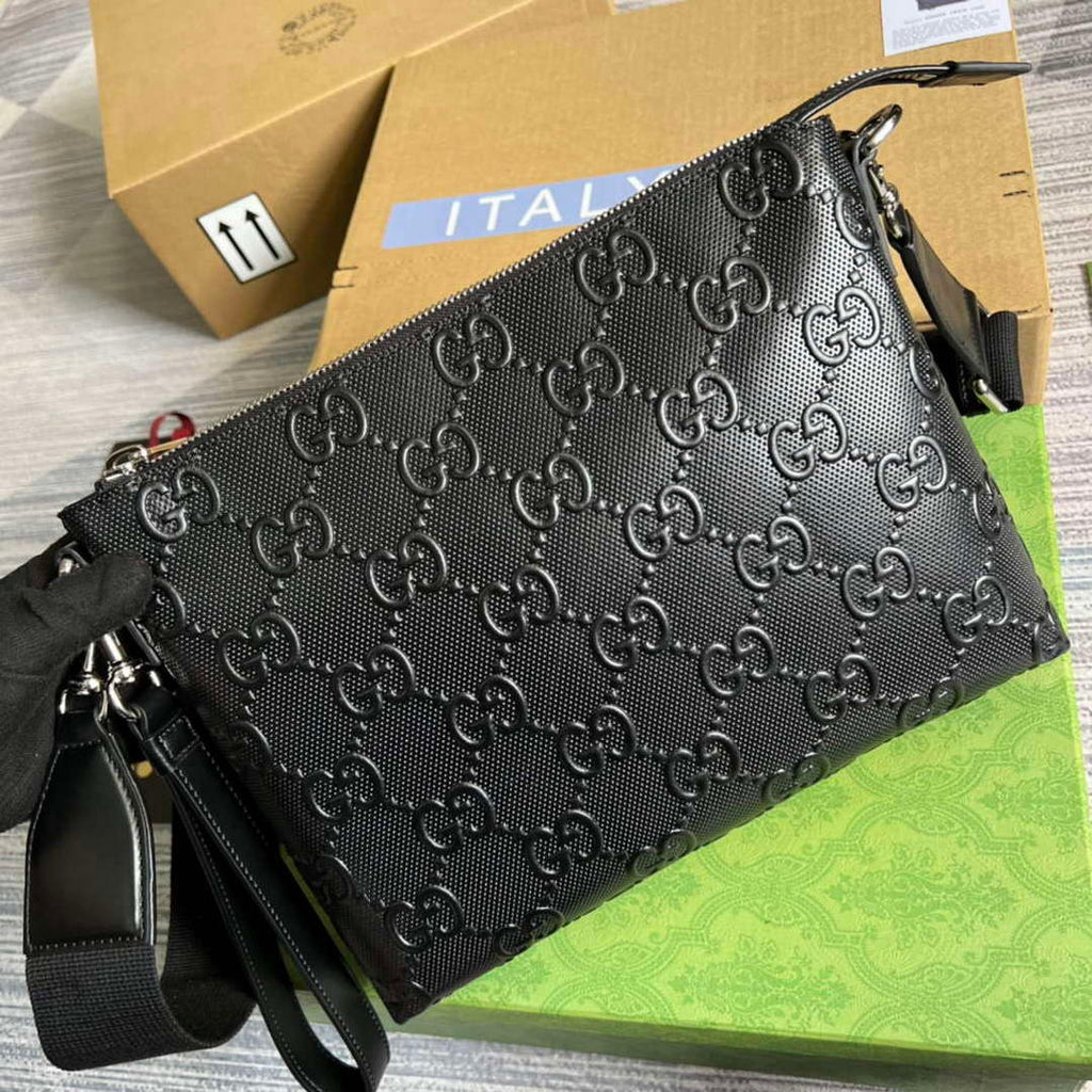 Gucci 696009 GG Embossed Medium Messenger Bag Black