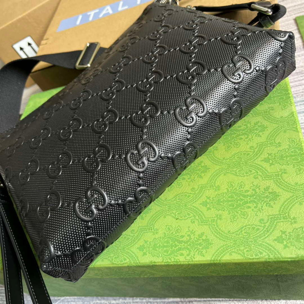 Gucci 696009 GG Embossed Medium Messenger Bag Black