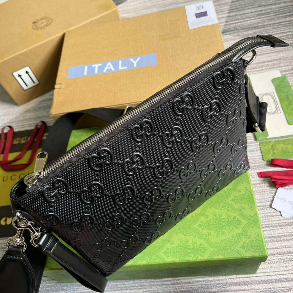 Gucci 696009 GG Embossed Medium Messenger Bag Black