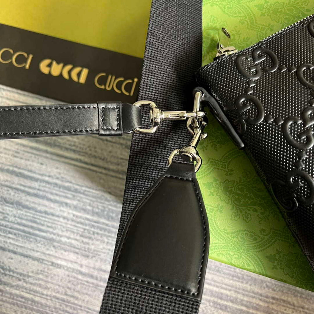 Gucci 696009 GG Embossed Medium Messenger Bag Black