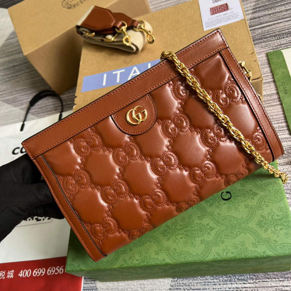 Gucci 702200 GG matelass¨¦ leather shoulder bag brown