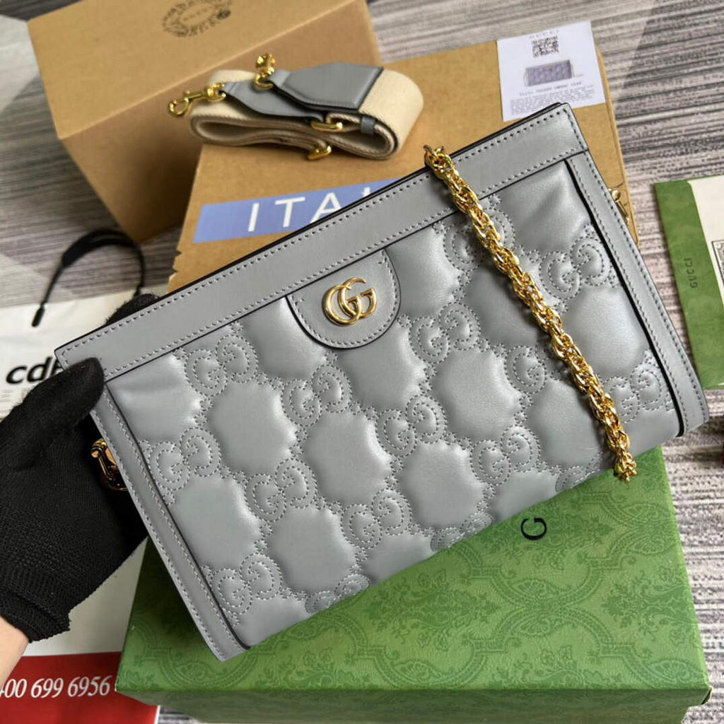 Gucci 702200 GG matelass¨¦ leather shoulder bag Dusty grey
