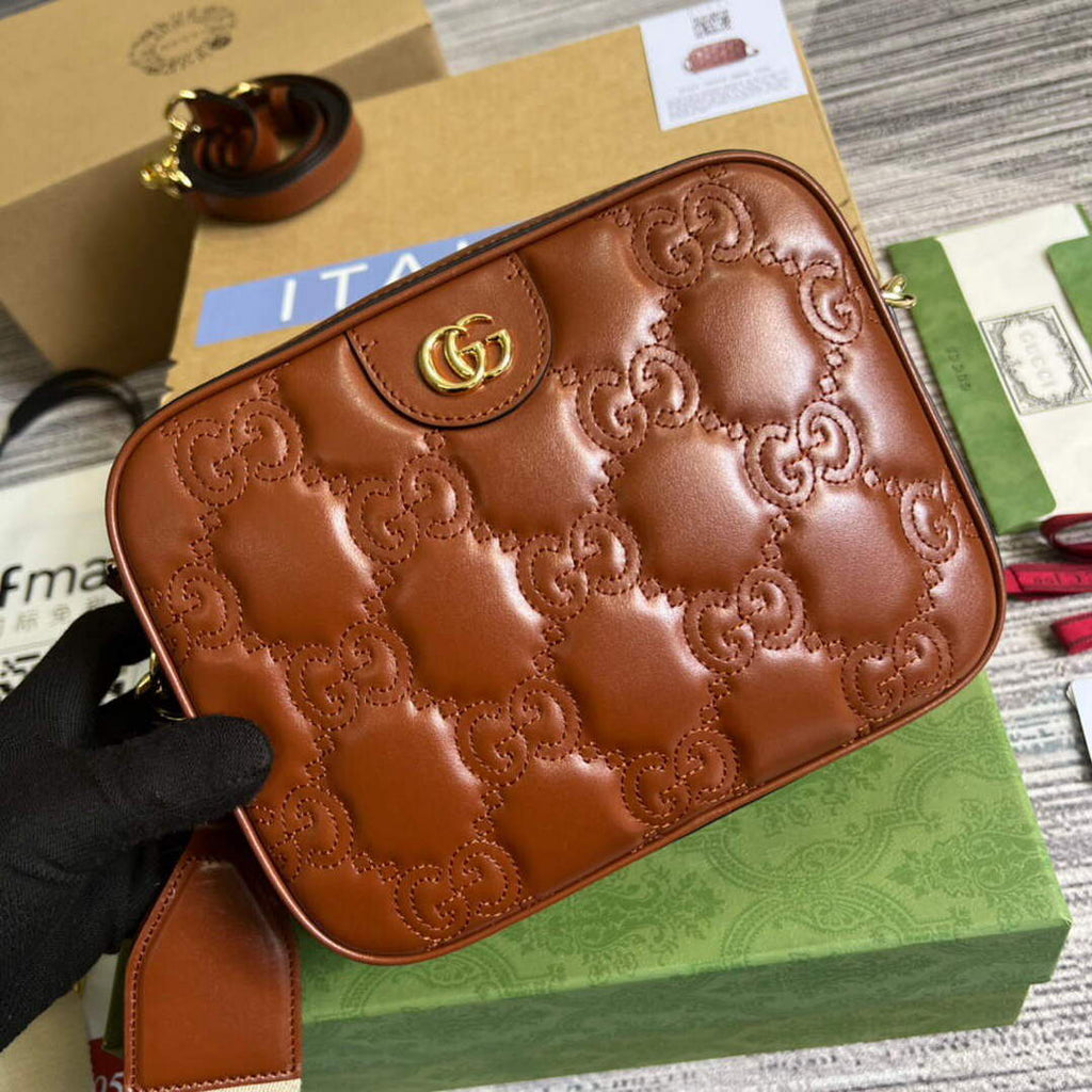 Gucci 702234 GG Matelass¨¦ Leather Shoulder Handbag Light brown