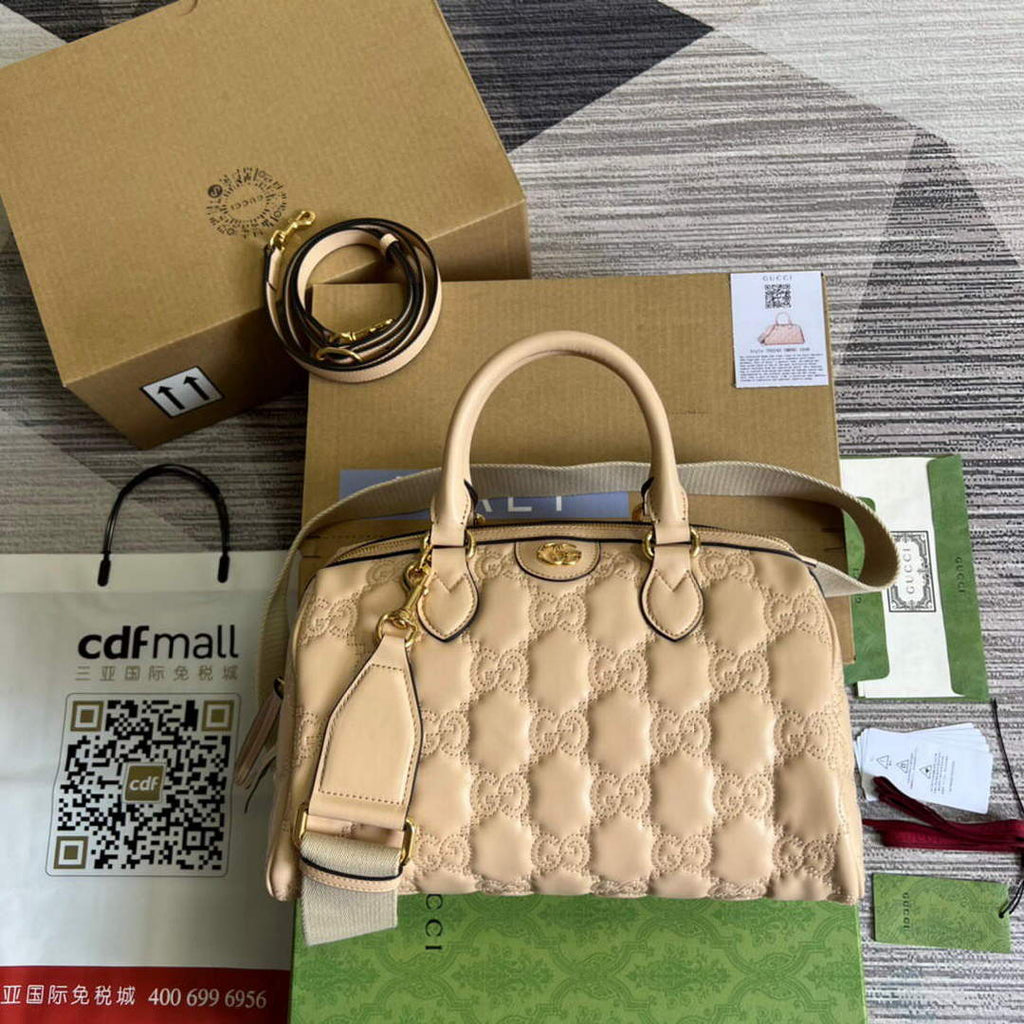Gucci 702242 GG matelass¨¦ leather shoulder bag Beige