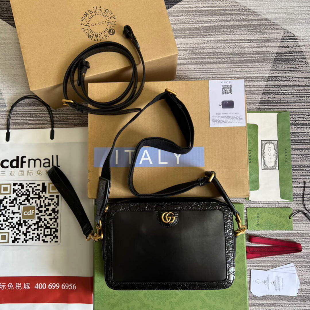 Gucci 710861 Crocodile shoulder bag with Double G Black - Default Title - View 1