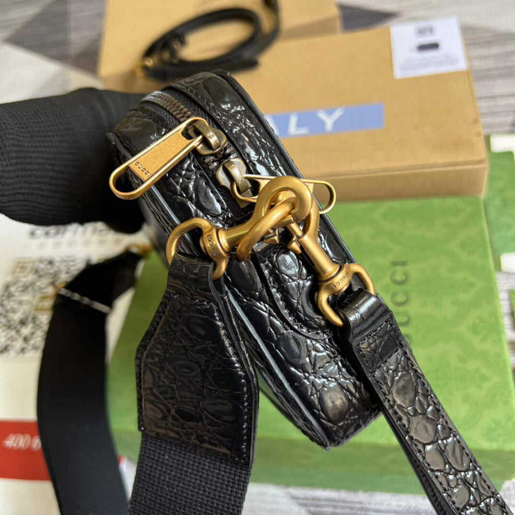 Gucci 710861 Crocodile shoulder bag with Double G Black