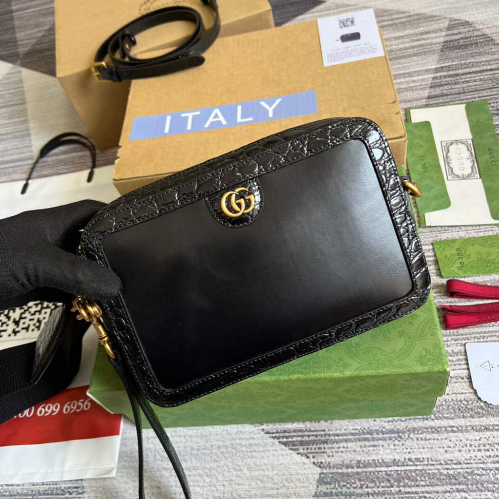 Gucci 710861 Crocodile shoulder bag with Double G Black