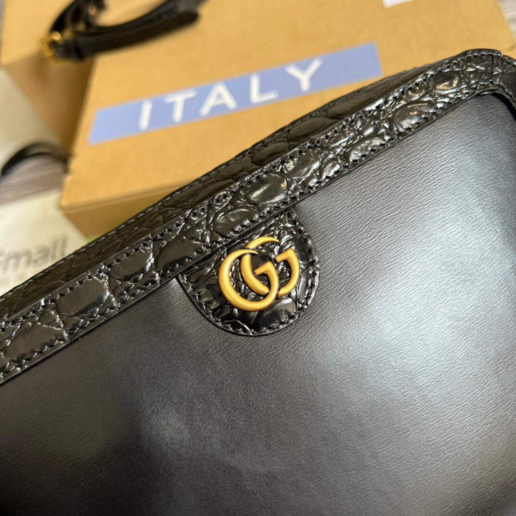 Gucci 710861 Crocodile shoulder bag with Double G Black