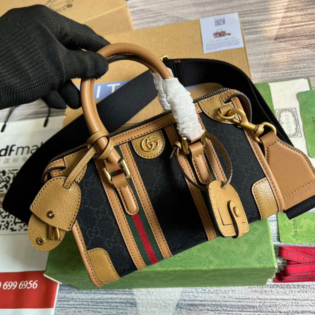 Gucci 715771 Mini canvas top handle bag Light Brown and Black Original GG canvas