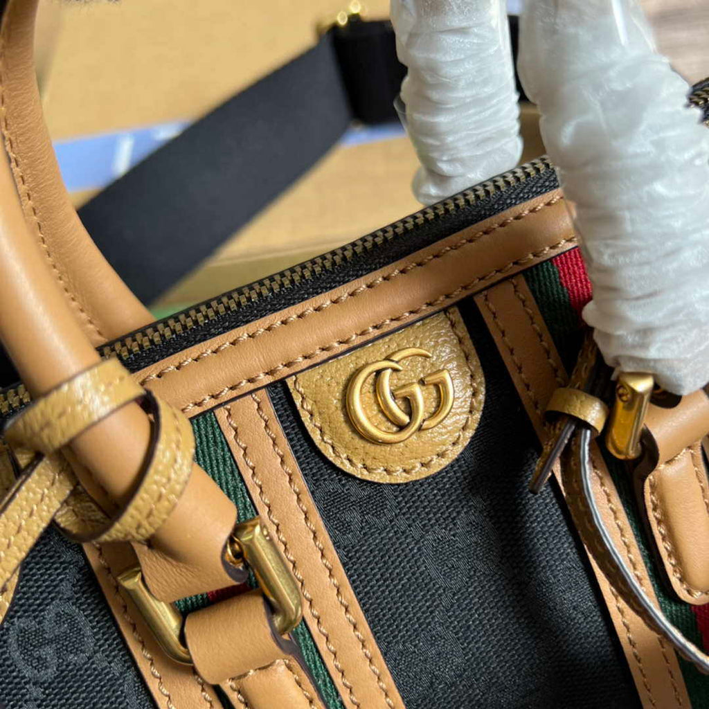 Gucci 715771 Mini canvas top handle bag Light Brown and Black Original GG canvas