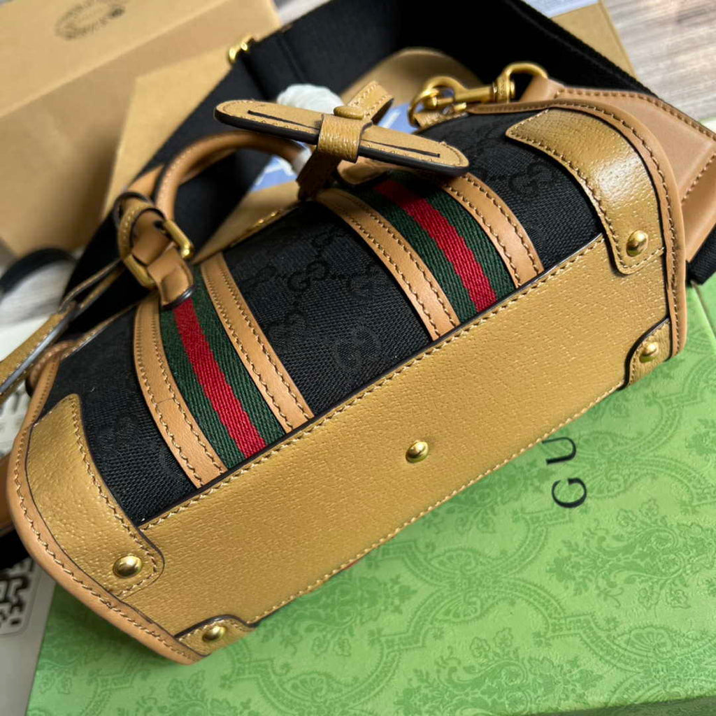 Gucci 715771 Mini canvas top handle bag Light Brown and Black Original GG canvas