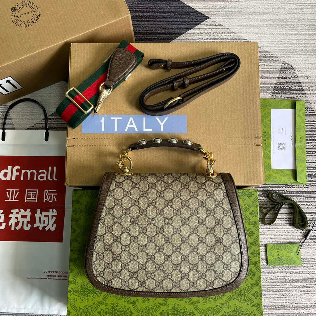 Gucci 721172 Blondie Medium top handle bag Beige and ebony GG Supreme canvas