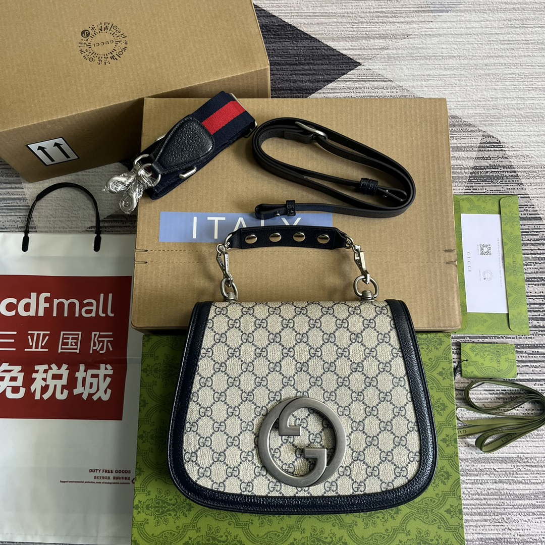 Gucci 721172 Blondie Medium top handle bag Beige and ebony Navy blue - Default Title - View 1