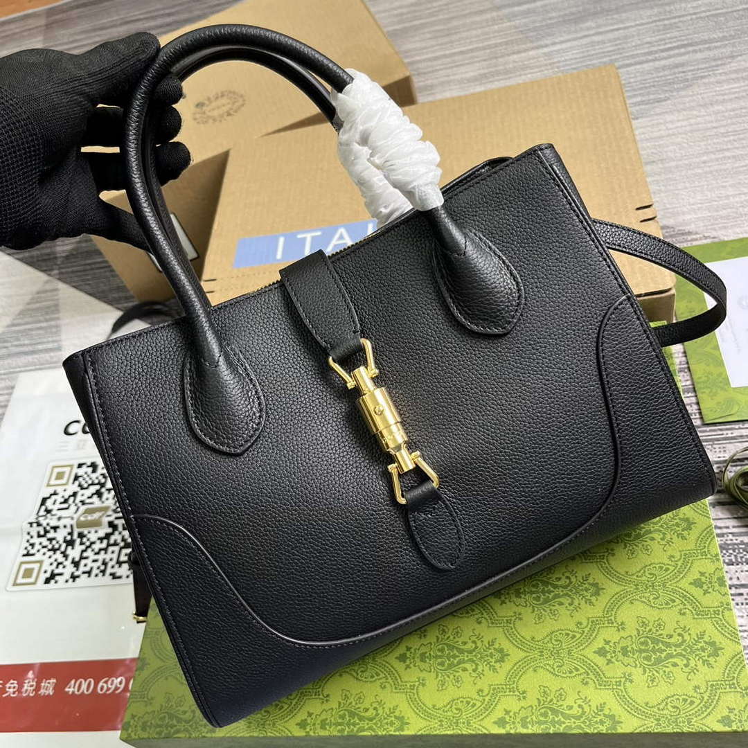 Gucci 727810 Jackie 1961 Small Natural Grain Tote Bag Black