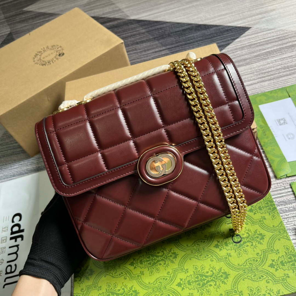 Gucci ?740834 GG Deco Small Shoulder Bag Wine Red