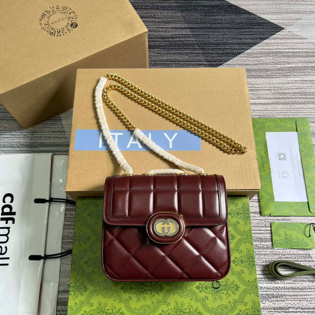 Gucci ?741457 Gucci Deco Mini Shoulder Bag Wine Red