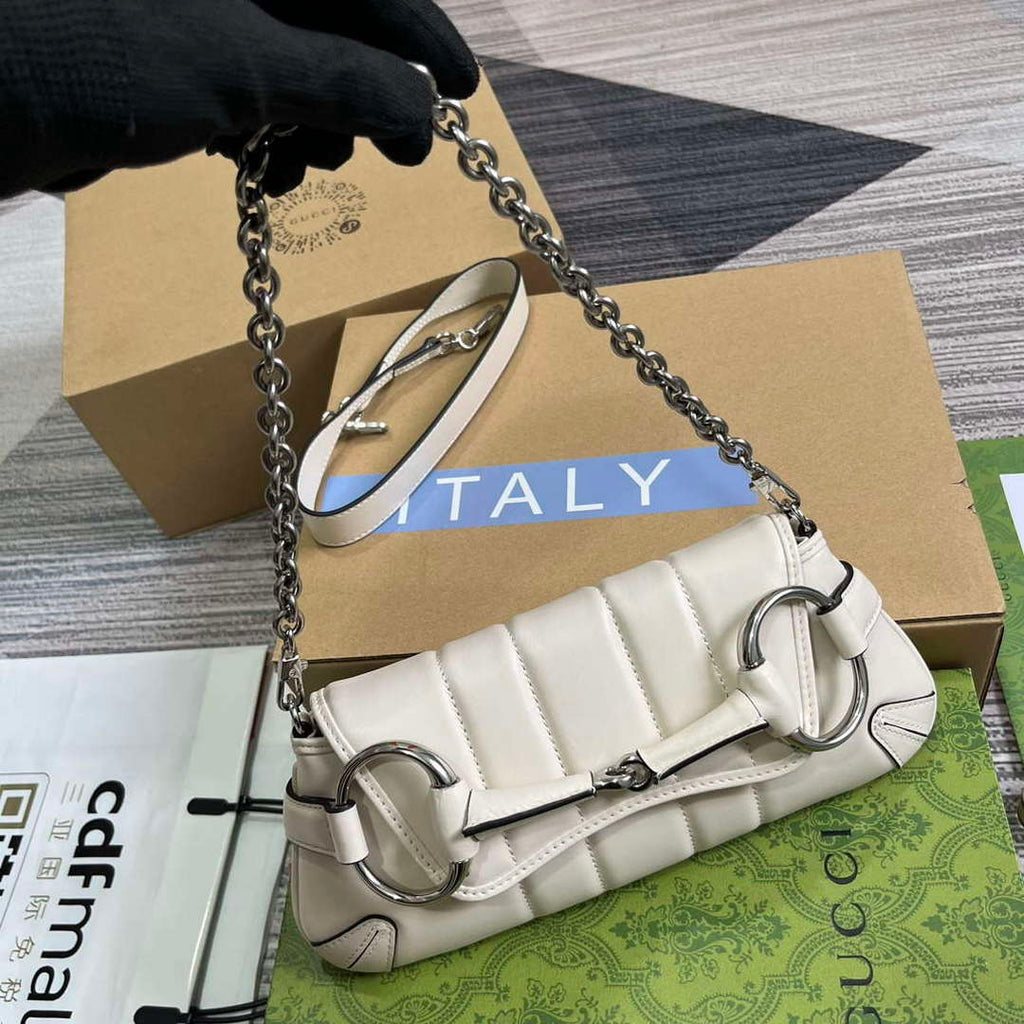 Gucci 764339 Gucci Horsebit Chain Small Shoulder Bag White