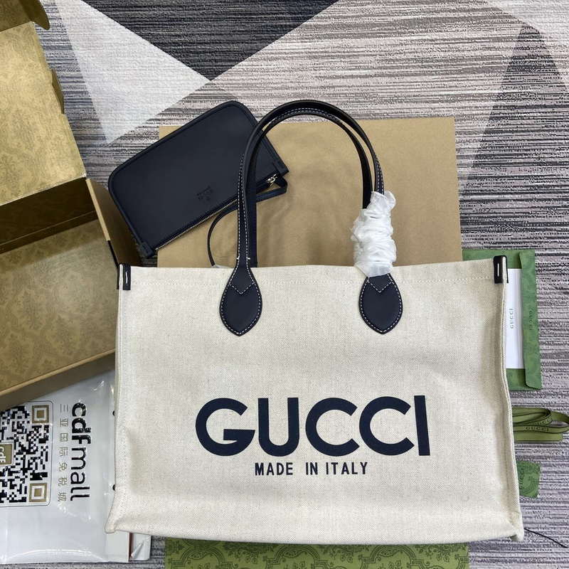 Gucci 772176 Medium Tote Bag With Gucci Print Black leather trim