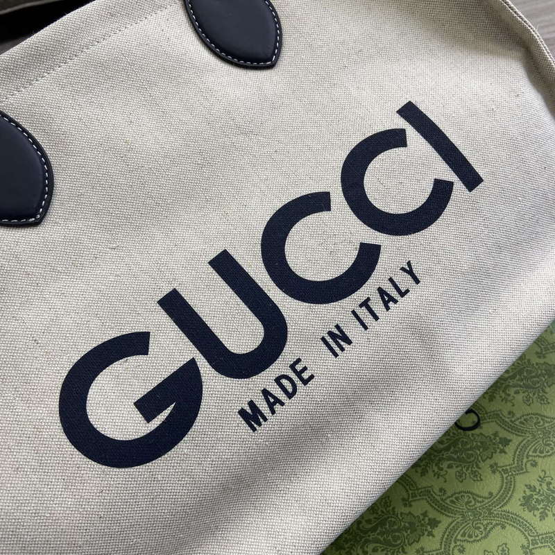 Gucci 772176 Medium Tote Bag With Gucci Print Black leather trim
