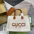 Gucci 772176 Medium Tote Bag With Gucci Print Light brown leather trim