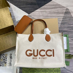 Gucci 772176 Medium Tote Bag With Gucci Print Light brown leather trim - Default Title - View 1