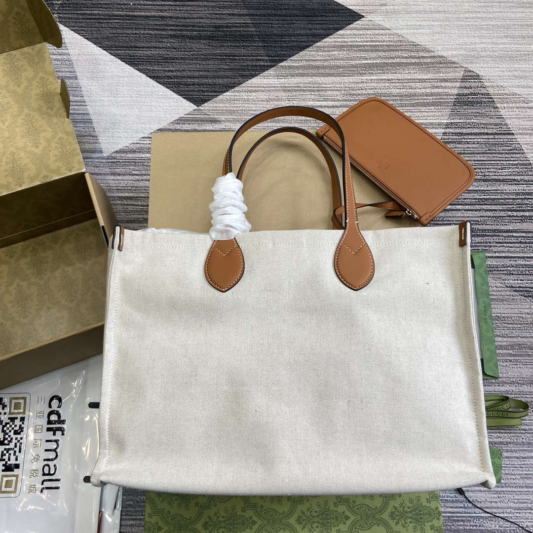 Gucci 772176 Medium Tote Bag With Gucci Print Light brown leather trim