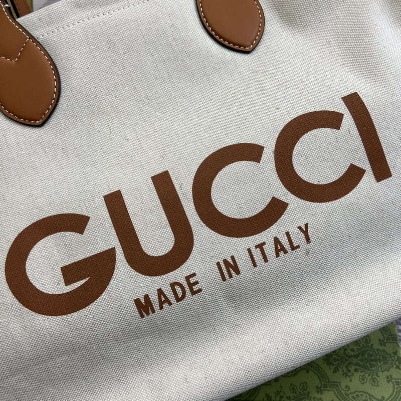Gucci 772176 Medium Tote Bag With Gucci Print Light brown leather trim