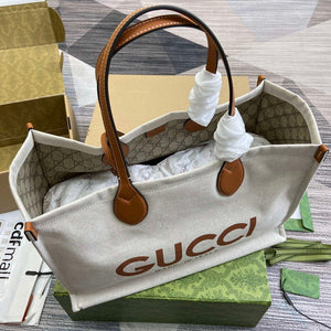 Gucci 772176 Medium Tote Bag With Gucci Print Light brown leather trim - Default Title - View 8