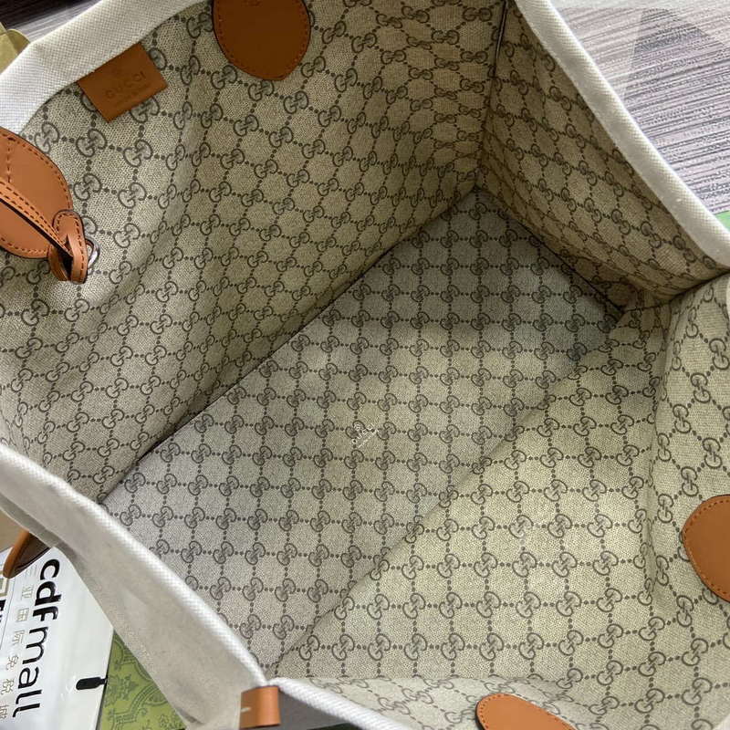 Gucci 772176 Medium Tote Bag With Gucci Print Light brown leather trim