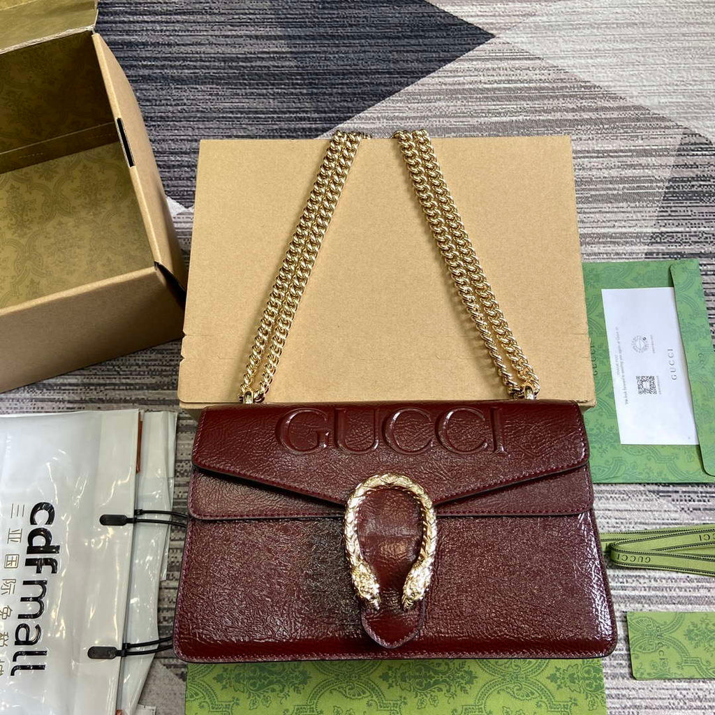 Gucci 795005 GG Dionysus small shoulder bag Wine Red patent leather logo
