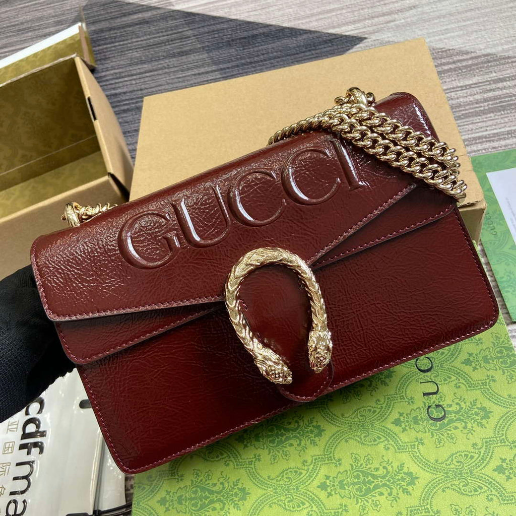 Gucci 795005 GG Dionysus small shoulder bag Wine Red patent leather logo