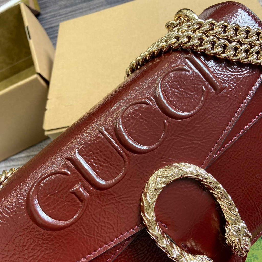 Gucci 795005 GG Dionysus small shoulder bag Wine Red patent leather logo
