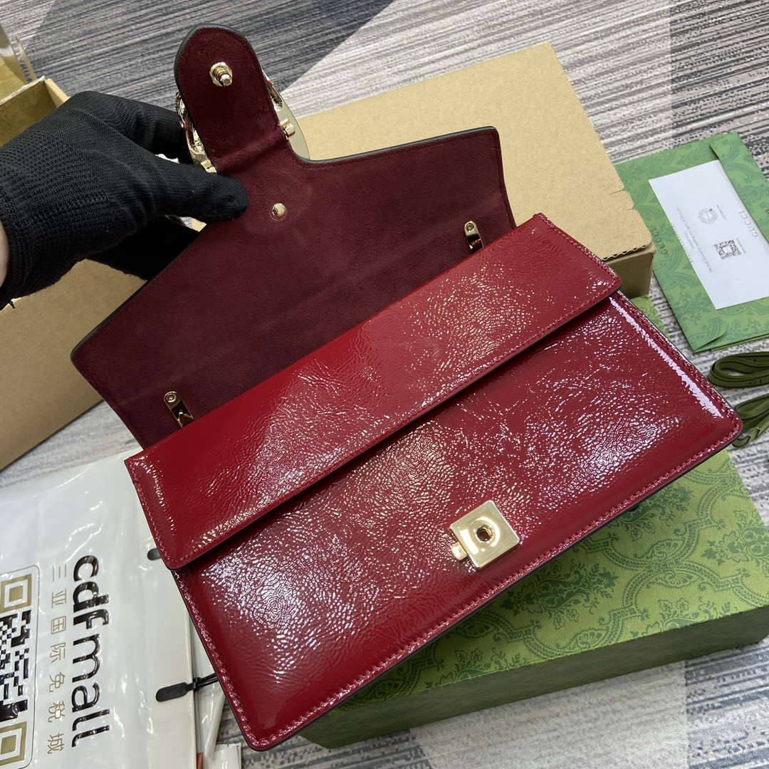Gucci 795005 GG Dionysus small shoulder bag Wine Red patent leather